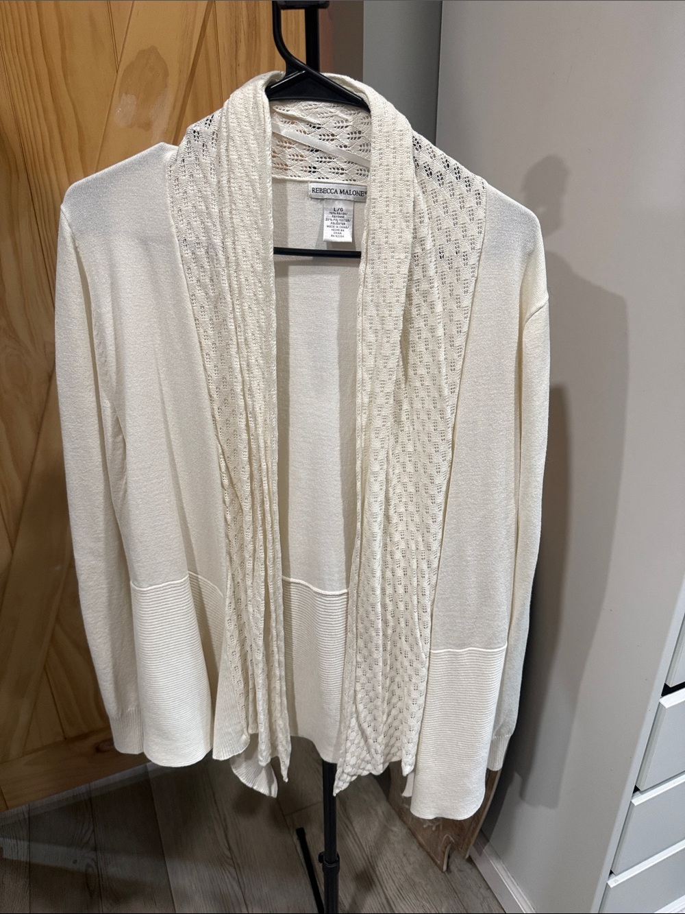 Rebecca Malone Ivory Open-Front Knit Cardigan with Textured Shawl